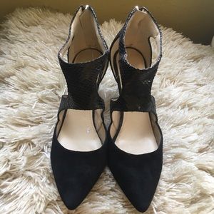 Size 7.5 Marc Fisher black suede & leather ankle strap pumps